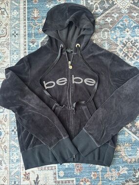 bebe Black Velour Rhinestone Logo Zip Hoodie